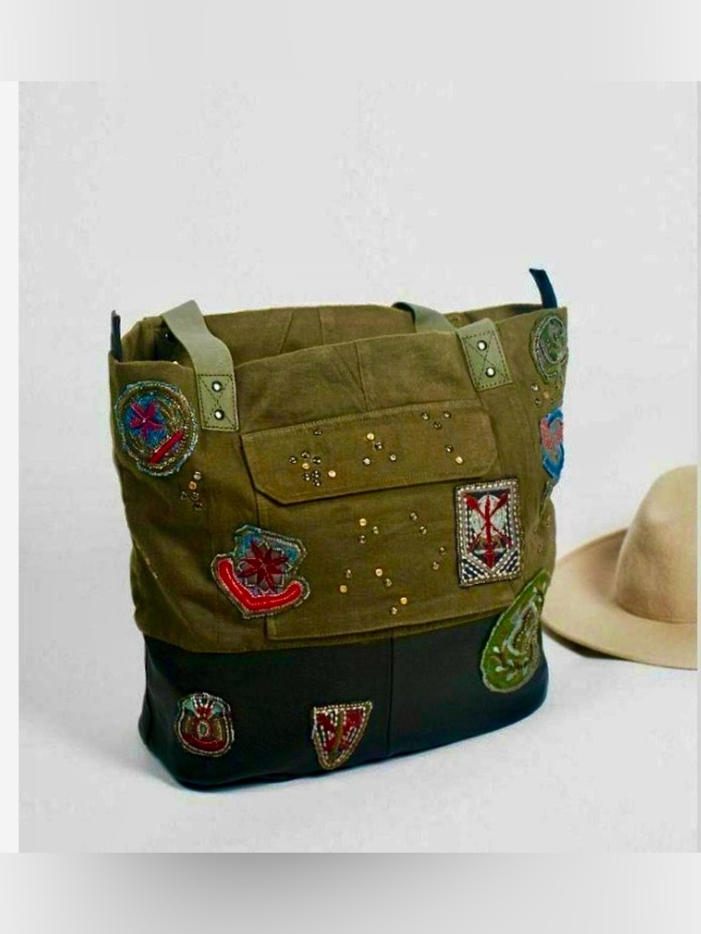 Free People Olive Military Cotton & Leather Tote Bag with Patches & studs.